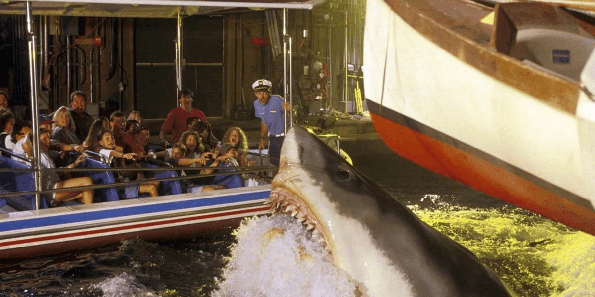 shark jumps out of water at universal's old jaws attraction