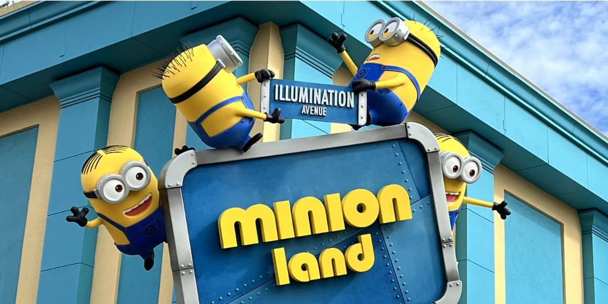 Signage for the all new Illumination Minion Land now open at Universal Orlando Resort