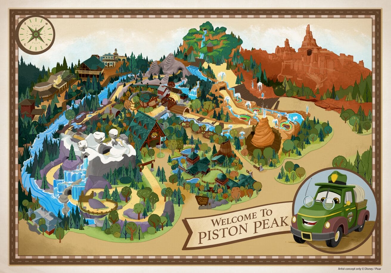 Fun Map of Piston Peak National Park with attractions, waterfalls, mountains, and a Cars-Themed Frontierland ranger car.