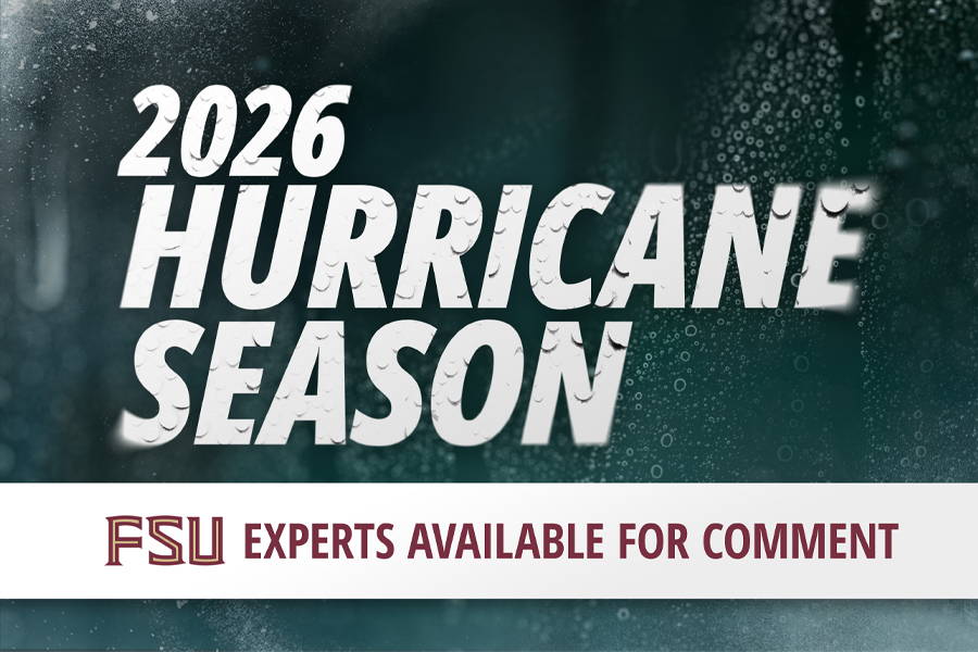A graphic reading "2026 Hurricane Season. FSU experts available for comment." Streaks of rain are present around the text.