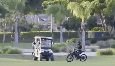 Teens riding on motorized bikes through a golf course in Florida.