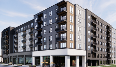 Rendering of the planned Westshore hotel redevelopment showing modern mixed-use design with apartments and retail