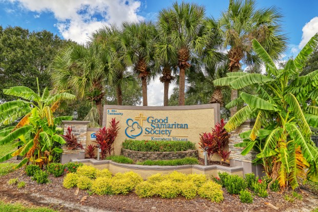 Sign at the entrance to the Good Samaritan Society Kissimmee Village Osceola Sheriff Marcos Lopez and Attorney General Ashley Moody get an airboat tour of the flooded Good Samaritan Society Kissimmee Village, on Tuesday, October 4, 2022. (High-dynamic-range composite image by Ricardo Ramirez Buxeda/ Orlando Sentinel)