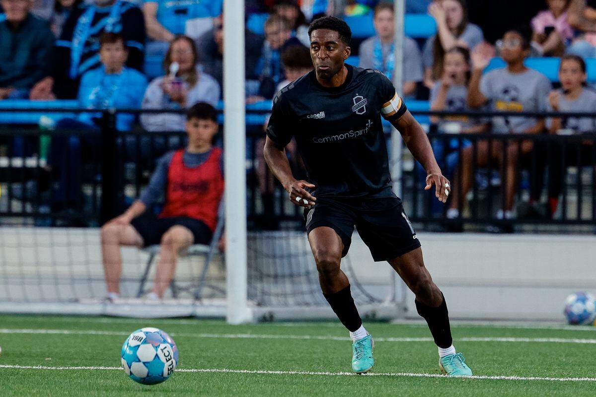 May 16, 2026; Colorado Springs, CO, USA; Colorado Springs Switchbacks FC defender Duke Lacroix (14) in the first half against New Mexico United at Weidner Field. Credit: Isaiah J. Downing/Switchbacks FC