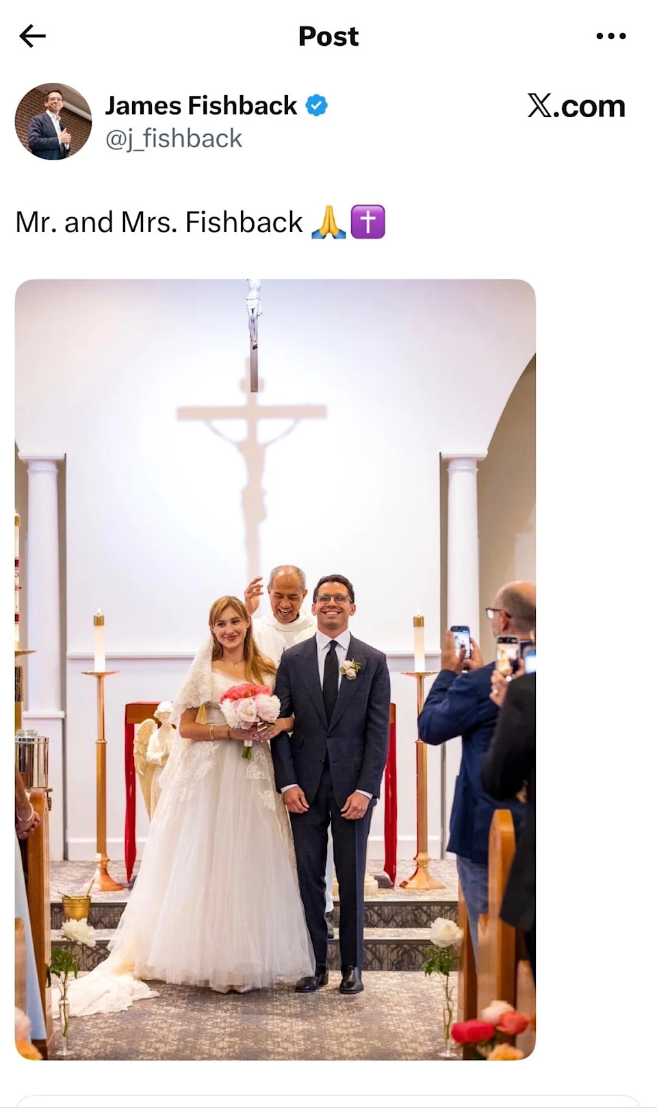 Right-wing Florida candidate James Fishback announced his surprise nuptials on X. / Screenshot/X