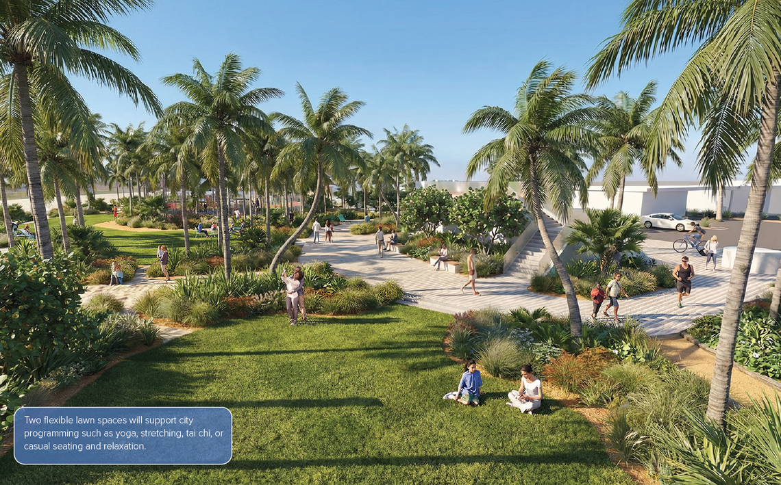 A rendering by design firm EDSA of a proposed renovation of Fort Lauderdale Beach Park, which includes new pickleball courts and basketball courts. The Fort Lauderdale City Commission discussed the redesign at a May 5 meeting.