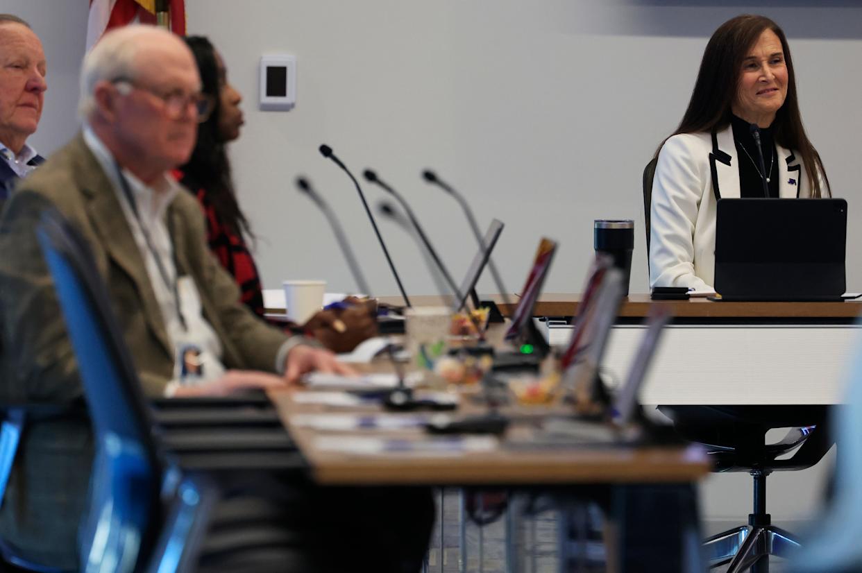 CEO Vickie Cavey, right, looks on during a board meeting at JEA headquarters, Tuesday, Feb. 24, 2026, in Jacksonville, Fla. The JEA board met to discuss CEO Vickie Cavey's leadership of the utility. [Corey Perrine/Florida Times-Union]