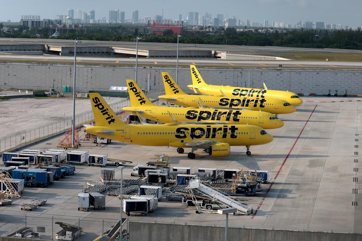 Joe Raedle/Getty Images - PHOTO: Spirit Airlines planes are parked on the tarmac at the Fort Lauderdale-Hollywood International Airport on May 2, 2026, in Fort Lauderdale, Fla.