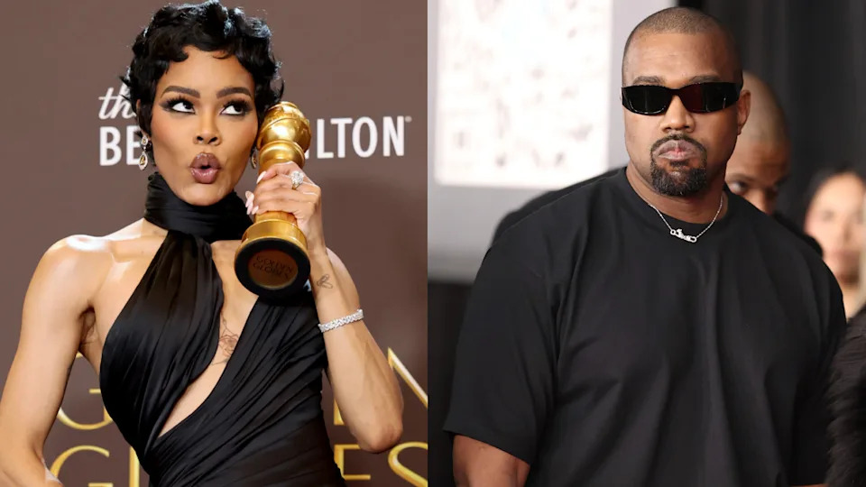 Teyana Taylor holding a Golden Globe, wearing a black dress. Kanye West in sunglasses and a black shirt.