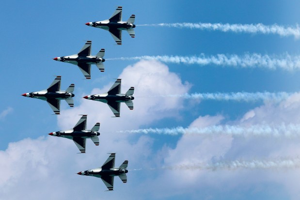 The U.S. Air Force Thunderbirds fly the F-16 Fighting Falcons over the beach during last year's Air Dot Show Tour in Fort Lauderdale.