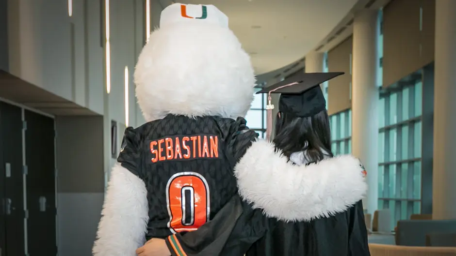 Sebastian the Ibis with a student wearing commencement regalia.