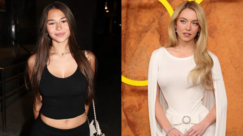 Sophie Rain wears a black outfit, and the right woman, Sydney Sweeney, wears a white dress.