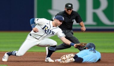 Toronto Blue Jays' Andrés Giménez (0) steals second base ahead of the tag by Tampa Bay Rays second baseman Ben Williamson during the fifth inning of a baseball game Tuesday, May 5, 2026, in St. Petersburg, Fla. (AP Photo/Chris O'Meara)