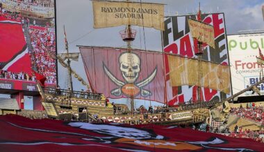 The pirate ship is seen at Raymond James Stadium during a NFL football game against the Carolina Panthers, Sunday, January 9, 2022 in Tampa, Fla. (AP Photo/Alex Menendez)