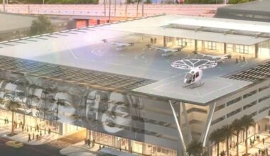 Concept rendering of a rooftop air-taxi terminal connected to a multimodal transit hub near downtown Tampa.