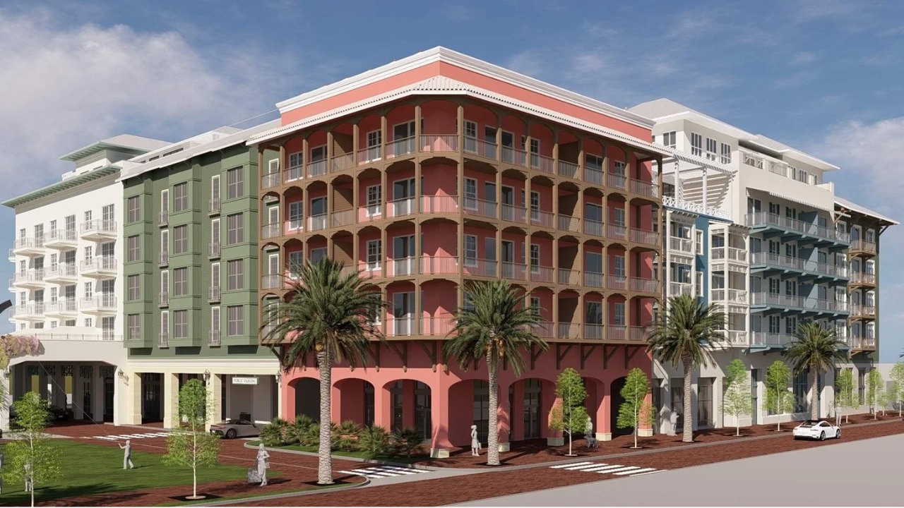 Rendering of the proposed Marriott Tribute hotel in John’s Pass with balconies, retail space and rooftop amenities.