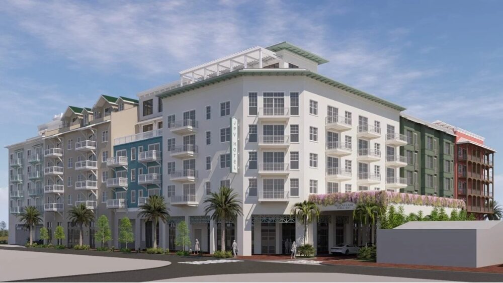 Rendering of a proposed Marriott Tribute Portfolio hotel in John’s Pass with retail space and rooftop amenities.