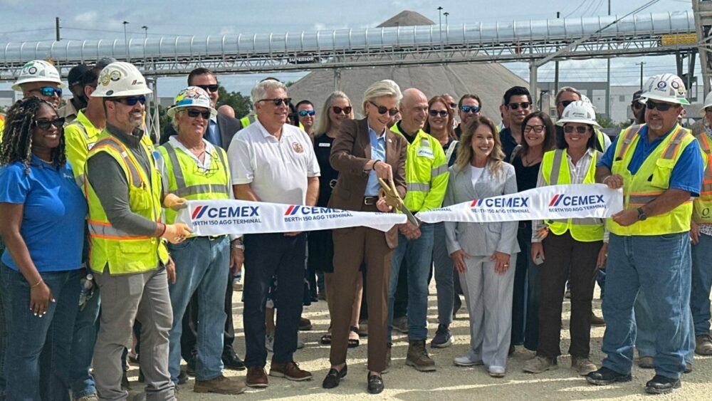 Tampa Mayor Jane Castor and Cemex officials cut the ribbon at the expanded aggregate terminal at Port Tampa Bay.