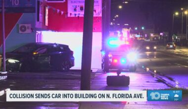 A collision sends a car into a building in Tampa