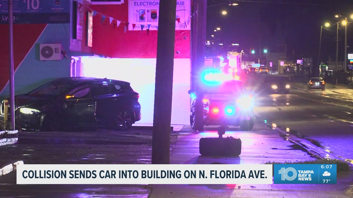 A collision sends a car into a building in Tampa