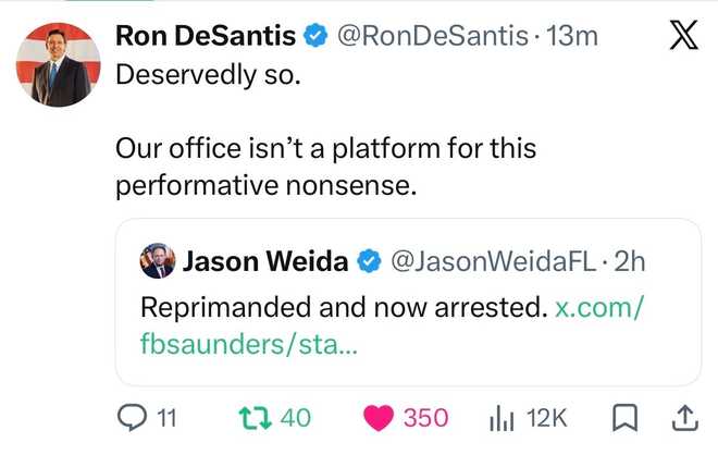 X post May 15, 2026 by Florida Gov. Ron DeSantis in response to reports of Rep. Angie Nixon's arrest during a sit-in protest in his office. DeSantis Florida Capitol Arrest Tweet