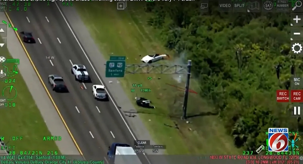 Helicopter Video Shows Stolen BMW Hitting 100 mph on Orlando's I-4 Before Fiery Crash