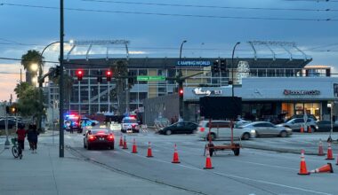 Camping World Stadium as seen from Orange Blossom Trail on the first night of Rolling Loud in Orlando. (Spectrum News/Massiel Leyva)