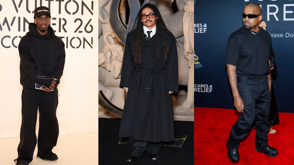 Kai Cenat on the left wears a black hoodie and pants, Luka Sabbat wears a long black coat and glasses, and Ye on the right wears black sunglasses and a t-shirt.