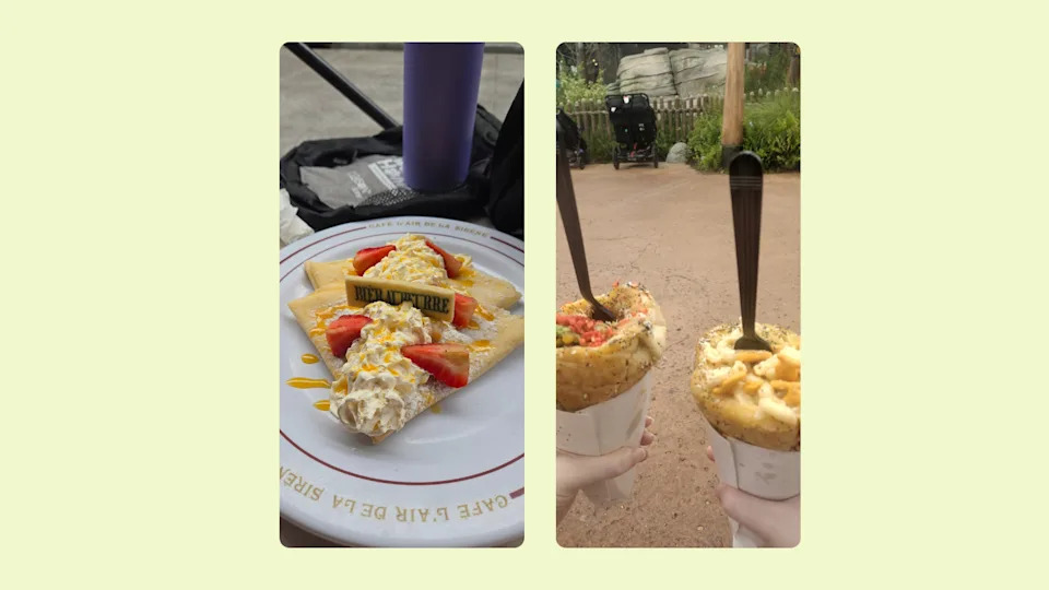 Close-up of a butterbeer crepe and mac-and-cheese cones at Universal Orlando