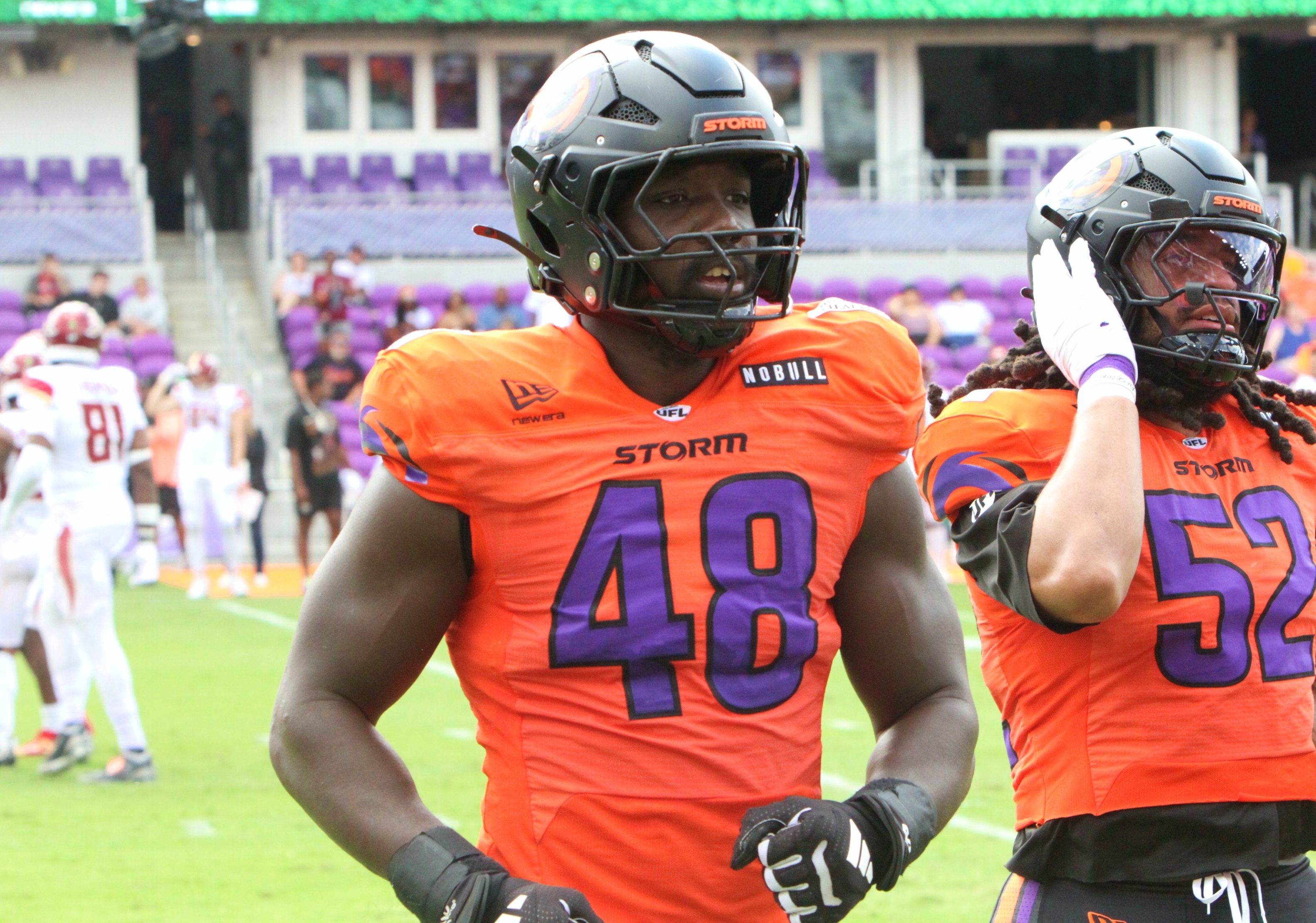 Orlando Storm DE Chris Garrett leaves the field during the...
