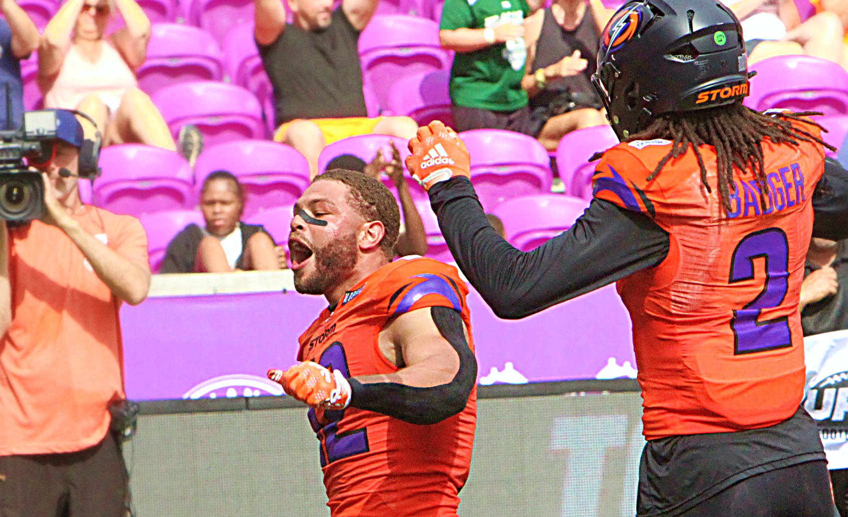 Orlando Storm receivers Chris Rowland (12) and Elijhah Badger (2)...