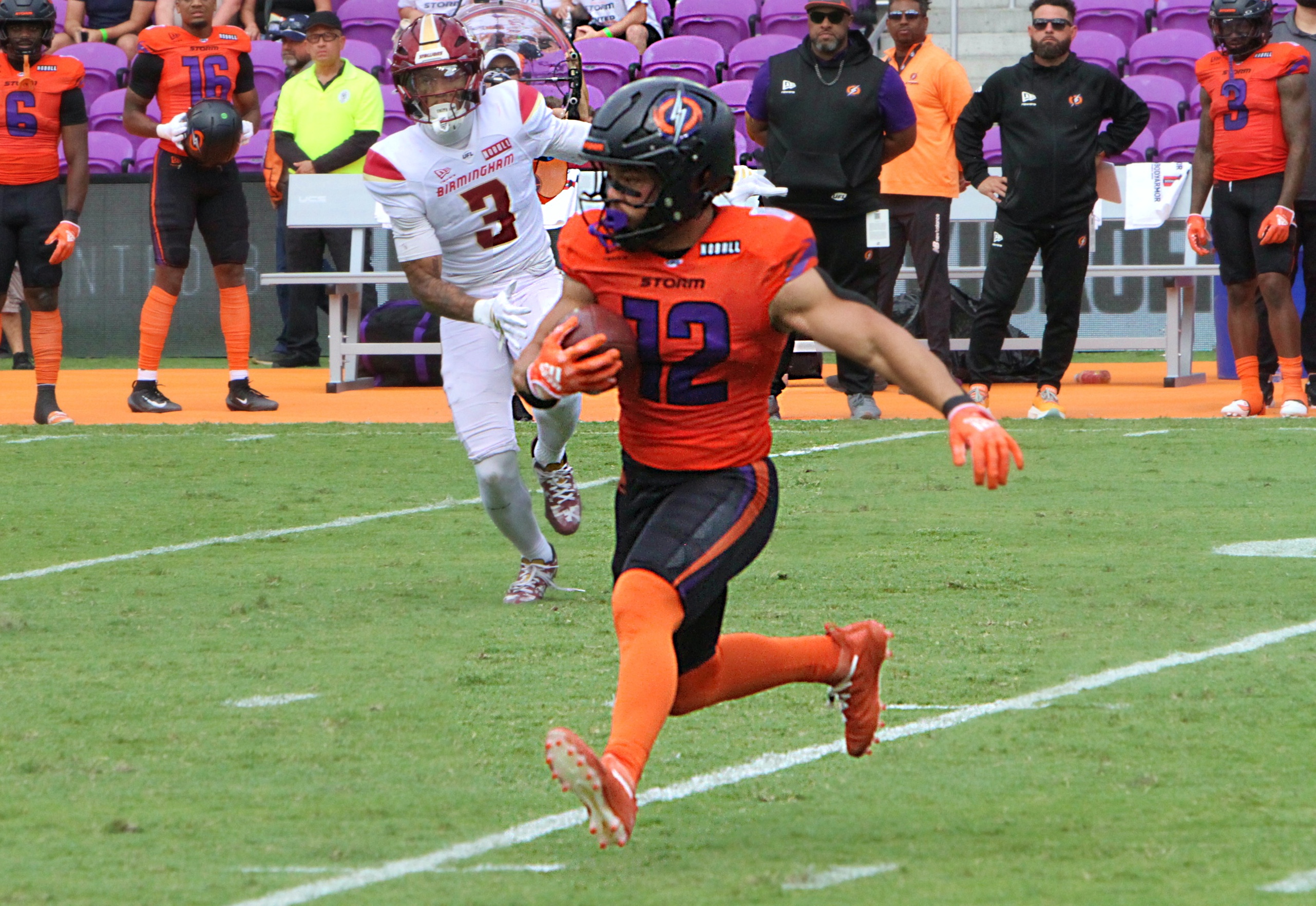 Orlando Storm receiver Chris Rowland runs down the field after...