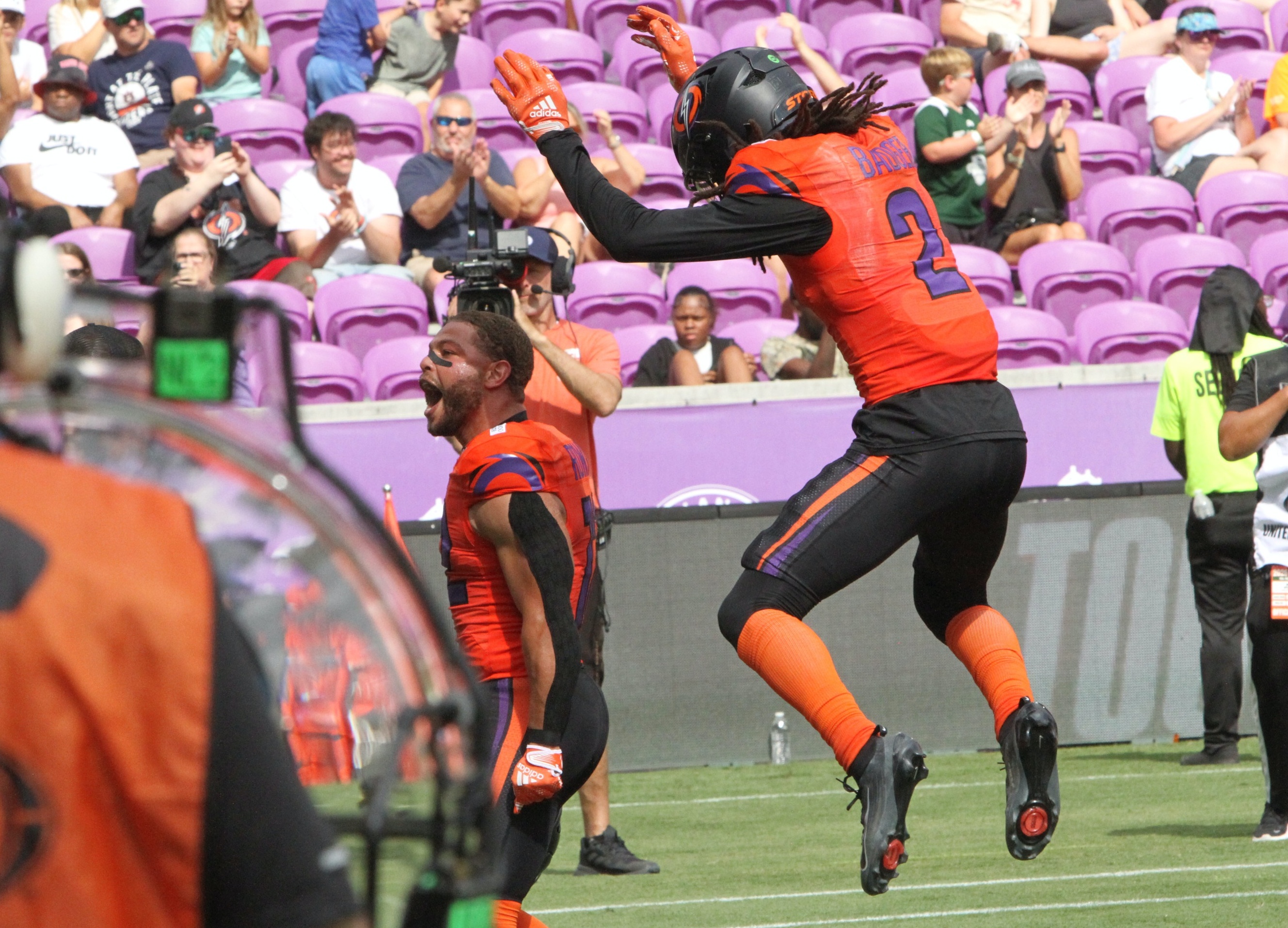 Orlando Storm receivers Chris Rowland (12) and Elijhah Badger (2)...