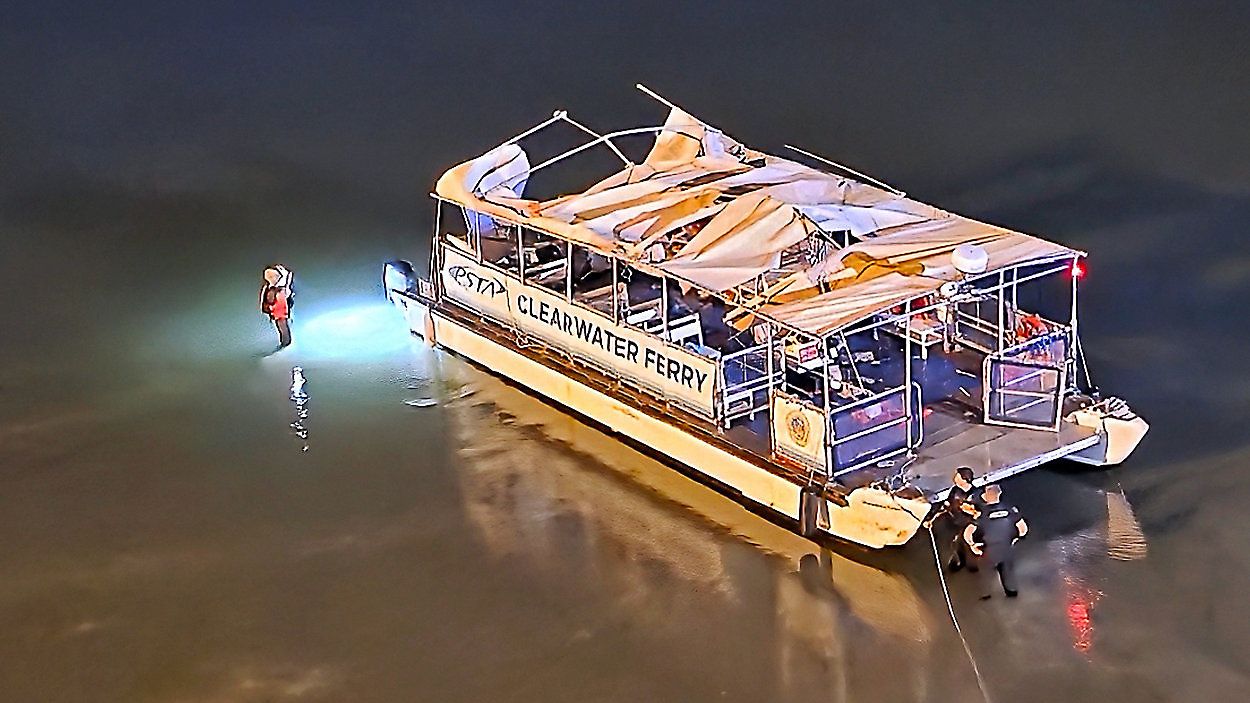 This image provided by Mike Boylan shows authorities at the scene of a boat crash that involved a public ferry carrying 45 passengers near Clearwater Beach. Fla., Sunday, April 27, 2025. (Mike Boylan via AP)