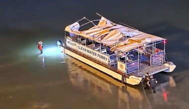 This image provided by Mike Boylan shows authorities at the scene of a boat crash that involved a public ferry carrying 45 passengers near Clearwater Beach. Fla., Sunday, April 27, 2025. (Mike Boylan via AP)