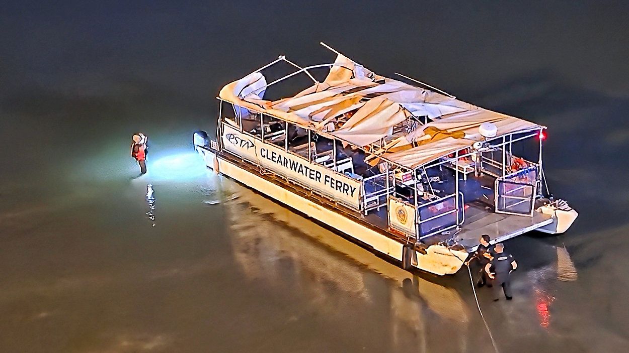 This image provided by Mike Boylan shows authorities at the scene of a boat crash that involved a public ferry carrying 45 passengers near Clearwater Beach. Fla., Sunday, April 27, 2025. (Mike Boylan via AP)