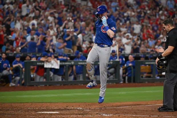 Pete Crow-Armstrong of the Chicago Cubs crosses home plate after hitting a solo home run against the St. Louis Cardinals in the eighth inning at Busch Stadium on May 30, 2026, in St Louis. (Joe Puetz/Getty Images)