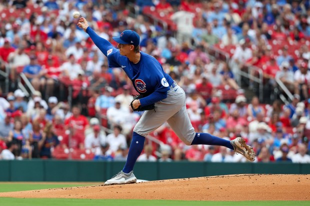 Chicago Cubs pitcher Ben Brown delivers a pitch during the first inning of a baseball game against the St. Louis Cardinals Saturday, May 30, 2026, in St. Louis. (AP Photo/Scott Kane)