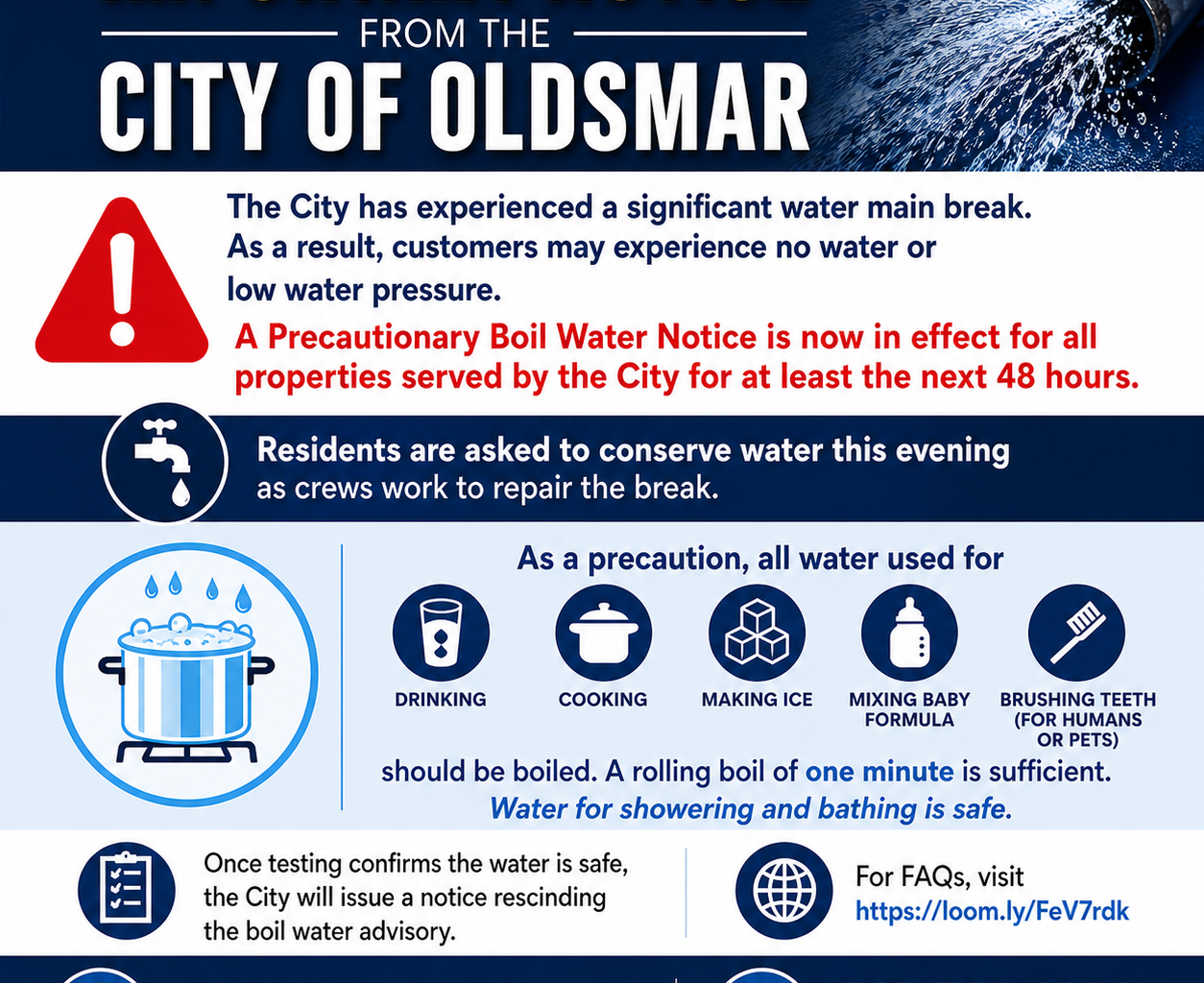 Boil Water Notice Issued After Water Main Break in Oldsmar