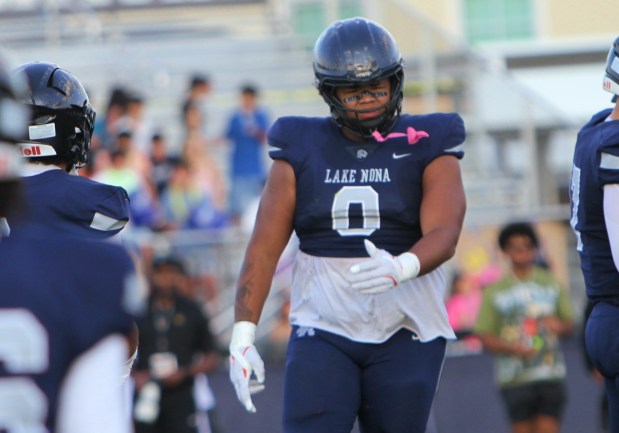 Lake Nona senior defensive tackle Darren White-Jackson had a nice night in a 21-0 win over Boone with a pair of tackles for loss and a fumble recovery. (Chris Hays/Orlando Sentinel)