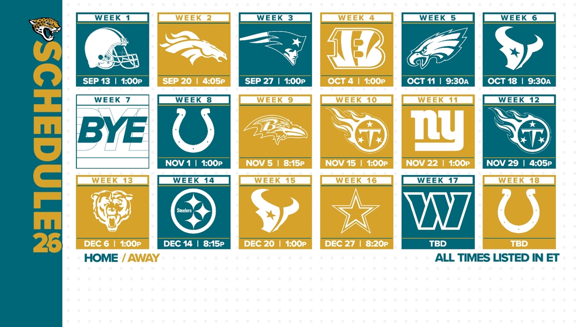 Schedule release | Jacksonville Jaguars announce 2026 game times and locations