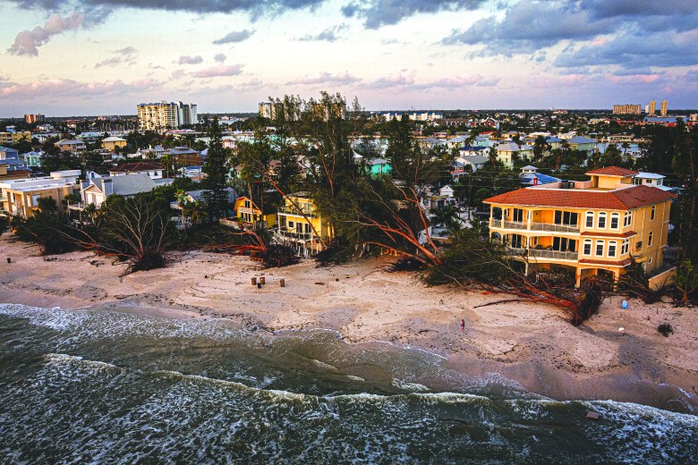 An aerial view of Treasure Island and the damage on Gulf to Bay Blvd from beach sands and flood damage after Hurricane Helene in 2024.