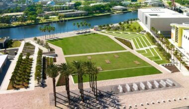 Aerial view of Curtis Hixon Waterfront Park along the Tampa Riverwalk in downtown Tampa