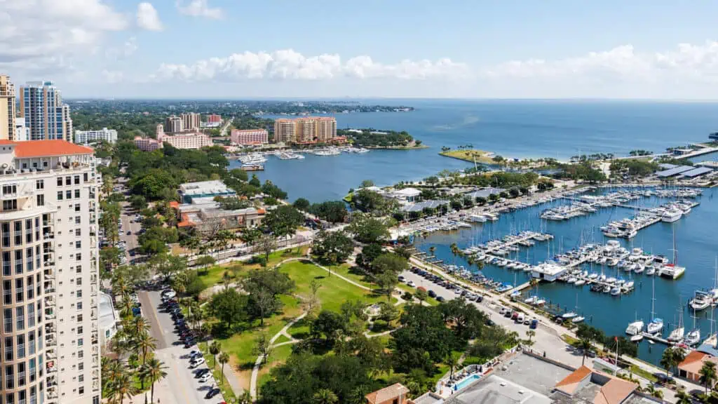 An aerial view of the downtown St. Pete waterfront