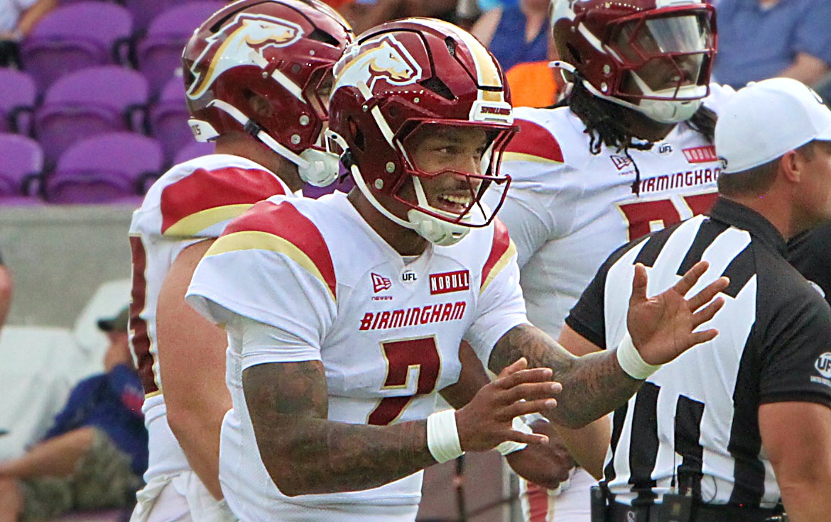 Birmingham quarterback Dorian Thompson-Robinson celebrates a play during the Birmingham...