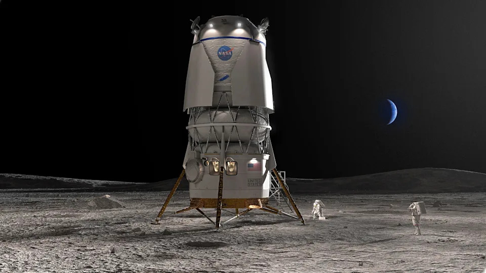 An artist's illustration depicts Blue Origin's Blue Moon Mark 2 human lunar lander on the surface of the moon.