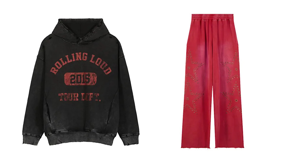 A black hoodie with "Rolling Loud 2015 Tour Life" text and red pants with star patterns and studs.