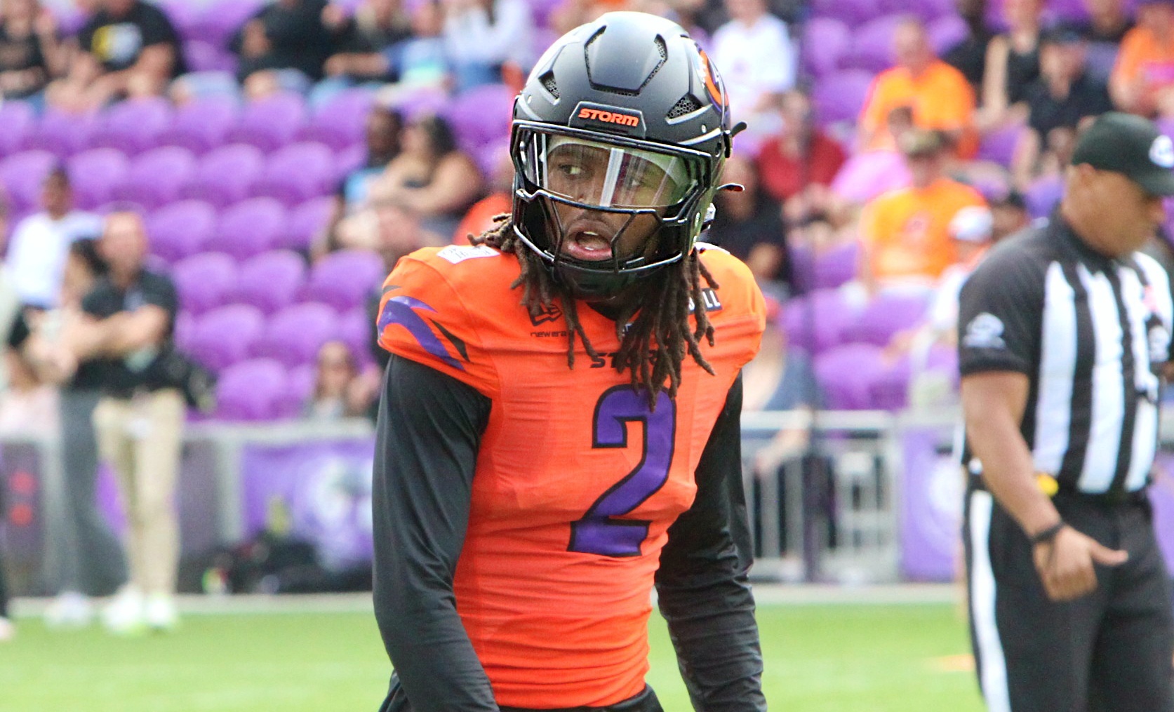 Orlando receiver Elijhah Badger lines up during the Birmingham Stallions...