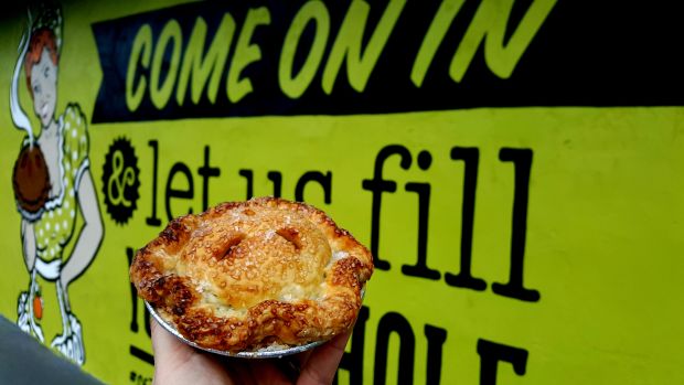 An earlier version of Se7enbites "pie hole" philosophy graced by chef/owner Trina Gregory's salted caramel dark chocolate pecan pie, taken in 2018. The art has been updated, the song remains the same. 