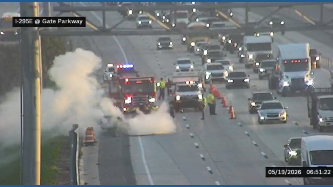 Traffic Alert: Reported lane closures after vehicle fire on I-295 South near Gate Parkway